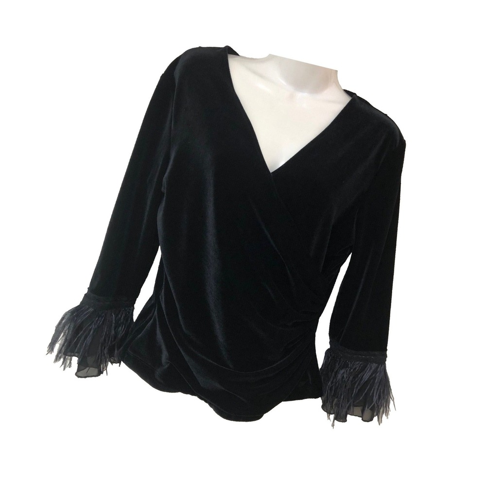 Jackie Jon New York Womens Blck Velvet Top M Faux Wrap Feathers Whimsigoth Fairy